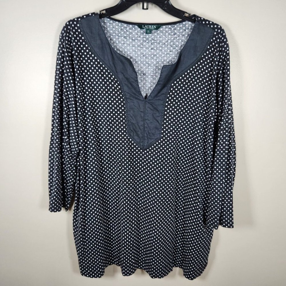 Lauren Ralph Lauren Shirt Womens 3X Black Polka Dot 3/4 Sleeve V Neck Top Blouse